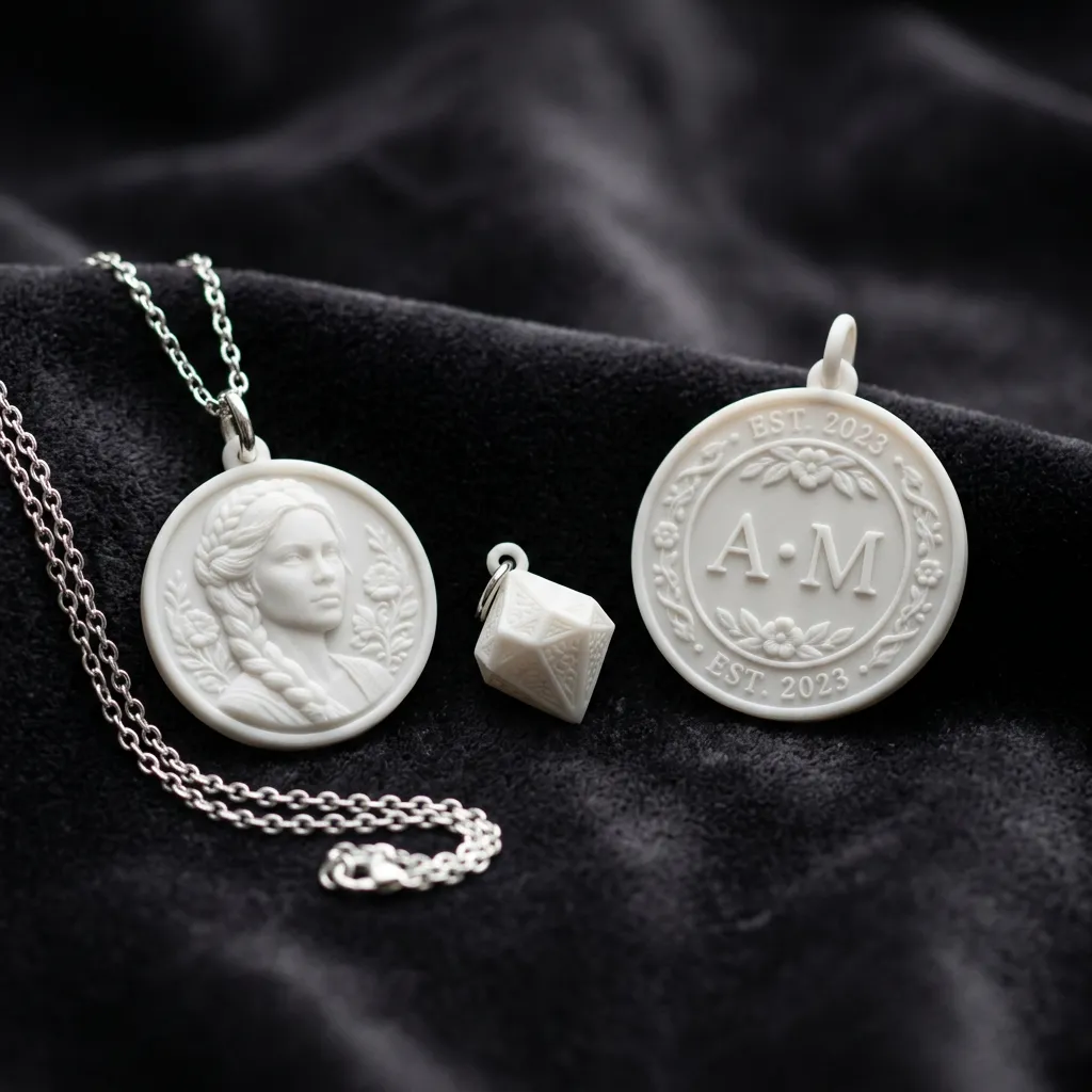 3D printed jewelry pendants and medallions with raised relief detail