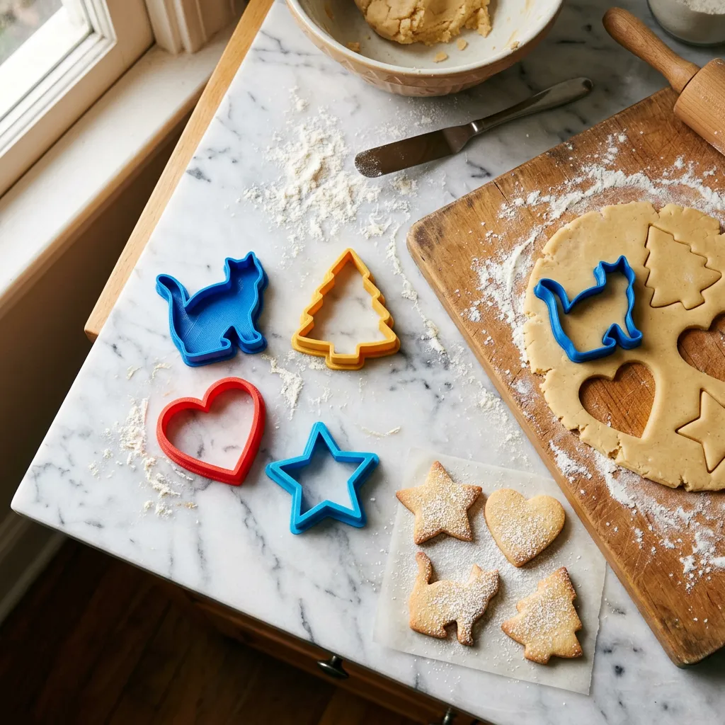 Custom 3D printed cookie cutters in bright colors alongside freshly cut cookies