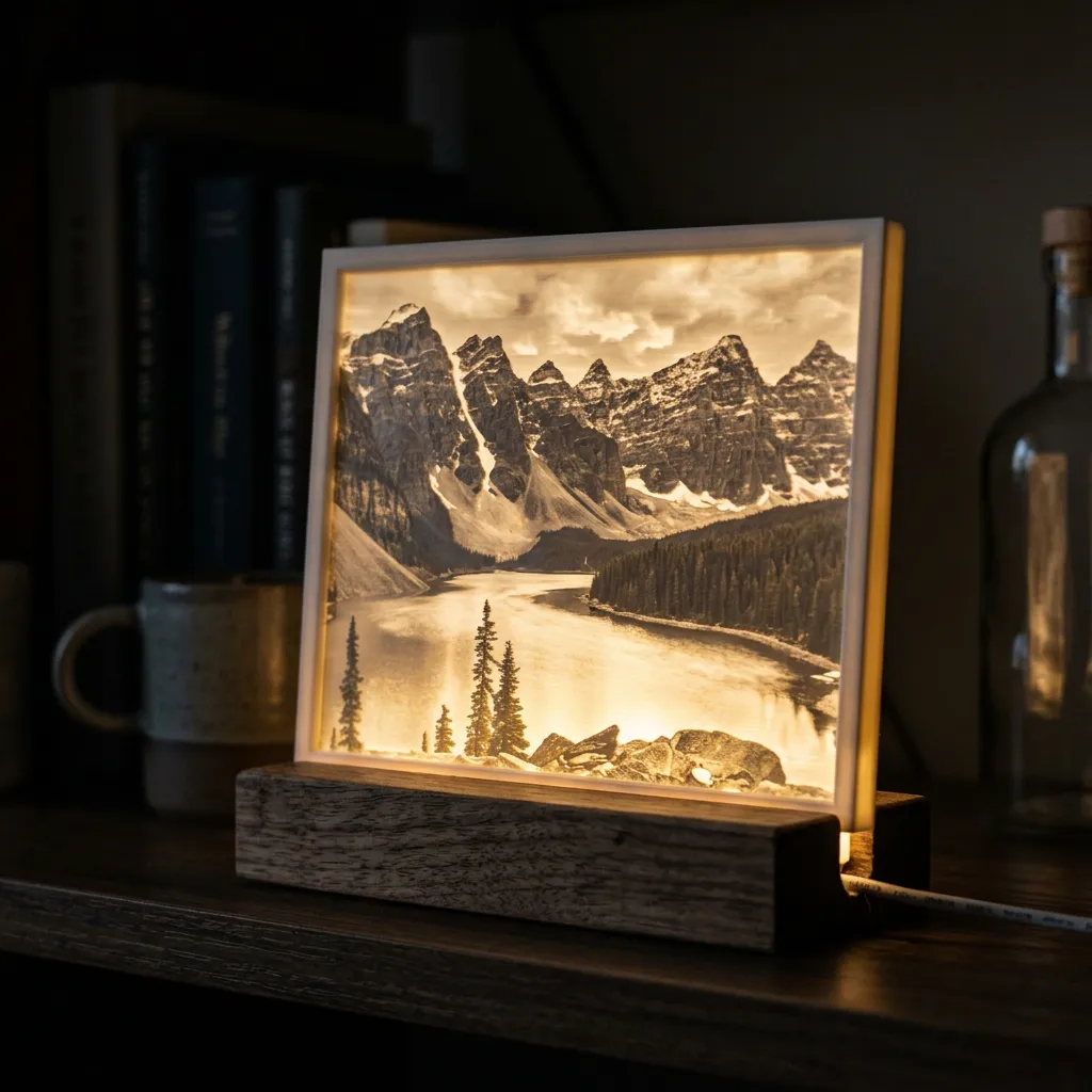 3D printed lithophane panel glowing with warm backlight showing a landscape scene