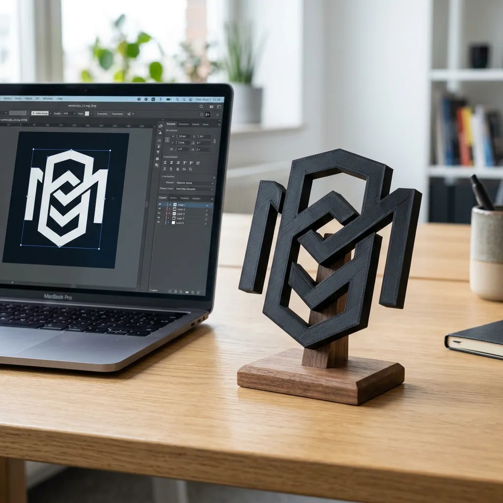 3D printed logo sign with crisp extruded edges on a display stand