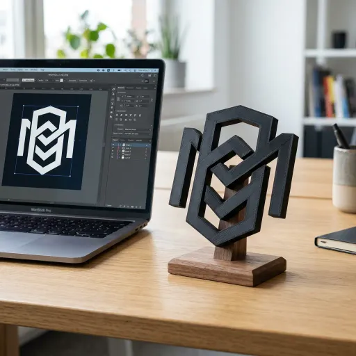 3D printed logo sign with crisp extruded edges on a display stand