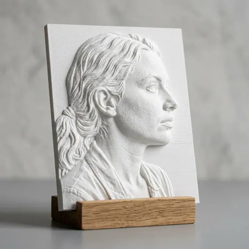3D printed photo relief — white PLA bas-relief portrait on display stand