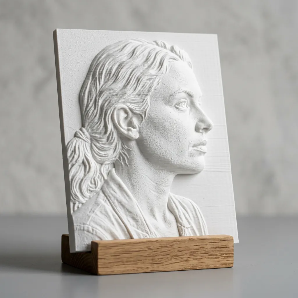 3D printed photo relief — white PLA bas-relief portrait on display stand